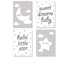 PREMYO Quadri per Camera Bambini - Set di Poster Luna Stella Grigio - Stampe da Parete Decorazione Cameretta Neonato A4