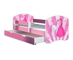 Letto per bambino Cameretta per bambino con materasso Cassetto ACMA II ROSA (08 La principessa con il pony, 140 x 70 cm + Cassetto)