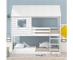 KecDuey Lettino per bambini, 90 x 200 cm, in legno, per bambini, con tetto, scala e rete a doghe, per soggiorno (bianco)