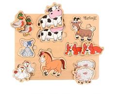 PikatoyZ Puzzle bambini 1 anno, 2 3 anni. Giocattoli ideale come regalo bambino e bambina per Natale o di compleanno. Puzzle legno con animali della fattoria. Giochi montessori per bambini