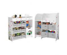 HOCSOK Scaffale Portagiochi Bambini Set da 2 Pezzi, Organizzatore per Giocattoli, Scaffale per Giocattoli con 9 Scatole e 4 Contenitori in Stoffa, Bianco, 90.5x30x80cm/2.2x30x100.2cm