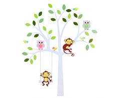 TALINU Adesivi da parete Albero con motivo a foglie e animali - Adesivi da parete, tatuaggio, decorazione - decorazione della stanza di bambini e neonati, per superfici lisce/pulite