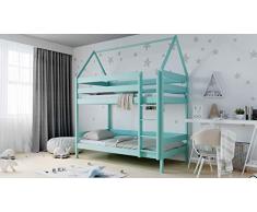 WFL GROUP Letto a Castello Design Casetta per Bambini 90x190 90x200 80x160 cm Letto a Castello 2 posti per Bambini in Solido Legno di Pino - 200x90 cm - Verde Menta
