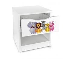 Leomark Comodino Moderno in Legno con cassetto e scompartimento apertoin, Comodino per Bambini, Colore Bianco con motio Animali Zoo Giungla, Dimensioni: 40cm x 38cm x 42cm (LxWxH)