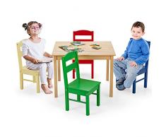 COSTWAY Set Tavolo e Sedie per Bambini, Set di Tavolo da Attività per Bambini con 4 Sedie con Schienale, per Giocare, Disegnare e Leggere (Naturale/Multicolore)