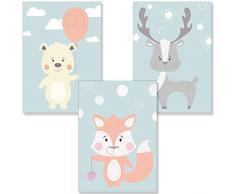 PREMYO Quadri per Camera Bambini - Set di Poster Animali Bosco - Stampe da Parete Decorazione Cameretta Neonato DIN A4