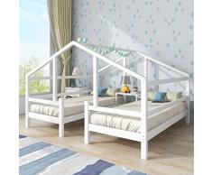 Letto per 2 bambini, 2 letti singoli sotto il tetto con comodino e rete a doghe, 90 x 200 cm, colore: bianco