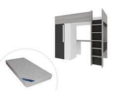 Vente-unique - Letto a soppalco + Materasso con Armadio e scrivania 90 x 200 cm Antracite e Bianco - Nicolas II