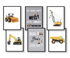 WIETRE® Set di 6 immagini per veicoli da costruzione, escavatore, gru, decorazione per la cameretta dei bambini, poster DIN A4, per camion, cantieri, carrelli auto, decorazione (senza cornice)