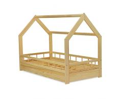 MS FACTORY Letto Casetta in Massello 80x160cm con Telaio a Doghe - Letto per Bambini Singolo con Sponda Anticaduta - Stile Scandinavo Nordico Montessori - Barriere legno