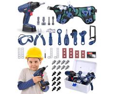 JOFLVA Cassetta Attrezzi Bambini, Attrezzi Giocattolo Bambini, Trapano Elettrico Attrezzi Lavoro Regalo di Natale per Bambini Ragazzo Ragazza 3 4 5 6 7 Anni (59Pezzi)