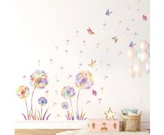KAIRNE Adesivo da Muro Dente di Leone Colorato,Colorato Fiori Adesivi Murali Bambini Ragazza,Adesivi Murali Tarassaco,Adesivo Murale Fiori e Farfalle per Camera Bambini Soggiorno Cucina Decorazione
