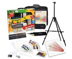 Artina Set per Pitturare XXL Michelangelo 111+11 unità: Cavalletto da Campo o da Tavolo, Colori acrilici, Pennelli, Pastelli, Acquerelli, Tela etc. - Kit Pittura e Disegno per Adulti e Bambini
