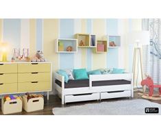 Letto singolo per bambini con cassetti e materasso, in 4 colori e diverse dimensioni -, Legno, White, 140x70