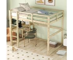 Moimhear Letto per bambini Struttura letto a soppalco con contenitore, completamente in legno di pino, con 4 scomparti e piano scrittoio, naturale, 140 X 200 cm