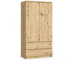 AKORD | Armadio STAR S | 90 cm Due Ante | 2 Cassetti con ripiani e Asta Appendiabiti | Mobiletto Cameretta Camera da Letto | Guardaroba | Pannello in laminato 16 mm | Rovere Artigianale