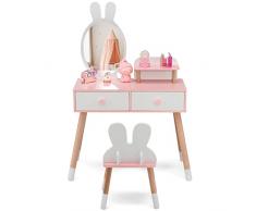 COSTWAY Set Toeletta per Bambini, Set Tavolo da Trucco in Legno per Bambini con Sgabello, Specchio a Forma di Coniglio Staccabile, Cassetti, Ideale per Bambini dai 3 ai 7 Anni, 78x37x110cm (Bianco)