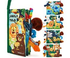 hahaland Libri di Stoffa per Neonati 0 3 6 mesi, Libro Sensoriali con 10 Code della Giungla, Giochi da Passeggino Libro Interattivo per Tummy Time