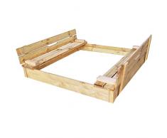 Sabbiera in legno con coperchio e panca, legno di conifera naturale non trattato, 115 x 115 cm, 220 litri
