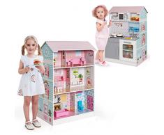 COSTWAY Cucina Giocattolo per Bambini 2 in 1, Casa delle Bambole di Legno e Cucina con Mobili, Accessori, Suoni e Luci Realistiche, 64 x 47,5 x 98 cm