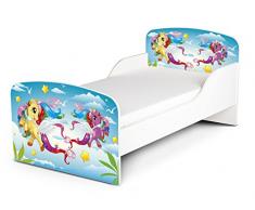 Letto Lettino Per Bambini In Legno e Materasso Magnifiche Stampe Mobili Per Bambini Attrezzatura Stanza Per Bambino Dimensioni 140x70 motivo Pony Magici Cavalli Da Favola