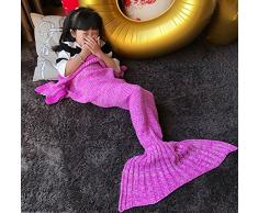 eCrazyBaby Coperta a Coda di Sirena Indossabile, Tutte Le Stagioni Caldo Coperte da Letto a Maglia Divano Soggiorno Trapunta per Bambini, Modello Classico con Pizzo, 140 x 70 cm, Rosa Scuro