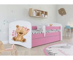 Bjird Letto per Bambini Singolo Rosa 140x70 160x80 180x80 con sponda anticaduta con barriera con cassettone Estraibile per Ragazza - Orsetto con i Fiori - 70 x 140 cm