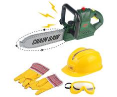 TONZE Attrezzi da Lavoro Costruzioni per Bambini con Motosega Giocattolo,Occhiali Protettivi da Lavoro e Casco Gioco Dimitazione Educativo Regalo Bambino Ragazzi Ragazze 3 4 5 6 Anni