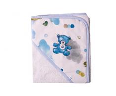 Asciugamano neonati accappatoio triangolo con cappuccio 0-3 anni 75 x 75 cm asciugamani bagnetto neonato bimbo bimba bimbi 100% cotone Made in italy spugna 360 gr con pratico gancino ORSETTI AZZURRO