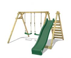 Altalena WICKEY Smart Swift gioco per bambini con scivolo verde, altalena doppia in legno con scaletta da esterno o da giardino