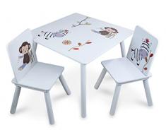 Teorema 40646 - Tavolino con 2 Sedie per bambini, in Legno, Dimensione: 59x59x45cm, Sedie Max. 25kg, con disegni di animali.