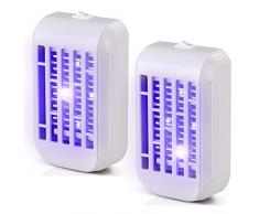 BAKAJI Set 2 Zanzariere Elettriche Insetticida Anti Zanzare Mosche Elettrico da Presa con Luce UV LED 0,5 W Risparmio Energetico Elettroinsetticida Ammazza Insetti Lampada Notte Notturna Casa