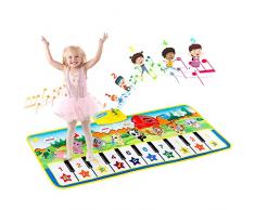 EXTSUD Tappeto Musicale Bambini con 18 Suoni, Piano Mat con 8 Suoni Strumenti Violino Corno Flauto ECC e 10 Pianoforte Volume Regolabile, Tappetino Musica Gioco per Bambina Educazione 100x36cm