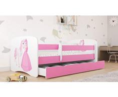 Letto Rosa per Bambini con Materasso Incluso 70x140 80x160 80x180 cm Letto Bambini con Barriera di Protezione, Doghe e Cassetto removibile - Per Bambino e Bambina - Principessa & Cavallo - 160x80