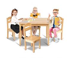 COSTWAY Set Tavolo e Sedie per Bambini, Set di Tavolo da Attività per Bambini con 4 Sedie con Schienale, per Giocare, Disegnare e Leggere (Naturale)