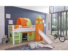 Tony, lettino per bambini a soppalco con scivolo, in pino bianco, 90 x 200 cm