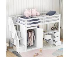 Moimhear 90 x 200 letto a soppalco con armadio e scale, scrivania e cassetti e armadio in uno, bianco