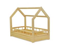 MS FACTORY Letto Casetta in Massello 70x140cm con Telaio a Doghe - Letto per Bambini Singolo con Sponda Anticaduta - Stile Scandinavo Nordico Montessori - Barriere legno
