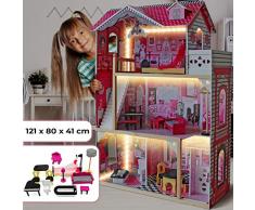 Infantastic® XXXL Casa delle Bambole in Legno con Strisce LED - 121x80x41 cm, 3 Livelli di Gioco, 12 Accessori e Mobili Inclusi, 4 Stanze, per Bambole di 27 cm - Casetta per Bambole, House