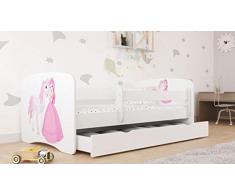Letto Bianco per Bambini, Barriera Inclusa 70x140 80x160 80x180cm Letto Bambini con Barriera di Protezione, Doghe, Cassetto removibile-Per Bambino e Bambina-Principessa&Cavallo-140x70-Senza Materasso