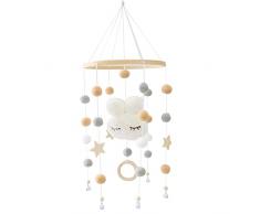 Giostrina Culla Neonato Legno, Giostrina per Culla, con palline di feltro e coniglietto carino, Cameretta Giocattoli da Appendere, Campana a Vento per Bambini - bianco