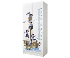 Leomark Bianco Armadio Funzionale in Legno - Roma - Armadio, mobiletto per Bambini, Stile scandinavo, Dim: 70 x 42,5 x 161,5 (Altezza) cm (Marinai in Barca)