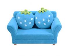 GIANTEX Divano per bambini con 2 cuscini, poltrona per bambini in velluto corallo, design ergonomico, motivo fragola, divano doppio mini divano per soggiorno, cameretta (blu)