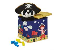 BiancoRelaxdays Pouf Contenitore, Porta Giochi per Bambini, Sgabello, Design-Pirati Poggiapiedi, 31x31x31 cm, Blu-Giallo