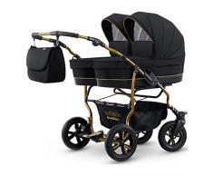 BBTwin - Passeggino 3 in1 per bambini, gemellare,con 2 ovetti + 2 sedie + 2 seggiolini gruppo 0 + accessori Nero