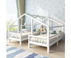 Moimhear Letto per 2 bambini, 2 letti singoli sotto il tetto con comodino e rete a doghe, 90 x 200 cm, colore: bianco