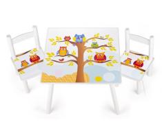Leomark tavolo e 2 sedie in legno, tavolino set da cameretta per bambini, gioco di gruppo in classe, mobili per bambini, stanza dei bambini mobili alta qualità stabile, tema: GUFI
