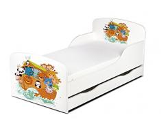 Leomark Letto per Bambini in Legno, cassetto e Materasso, Rete a doghe, mobili per Bambino, magnifiche Stampe, Dimensioni del Materasso 140 x 70 cm, Colore Bianco con Motivo: Arca di Noe