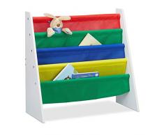 Relaxdays Libreria per Bambini, Scaffale Espositore, Mobiletto Libri e Giocattoli, in MDF+poliestere, 4 Scompartimenti in Tessuto, Colorato