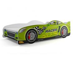 Lettino singolo a forma di macchina Cars 160x80, letto per bambini e ragazzi, MATERASSINO GRATIS (Verde)